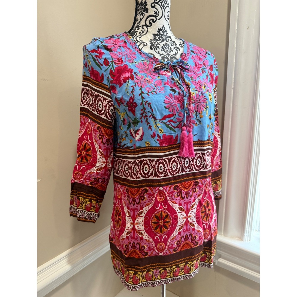 Aziza Womens Boho Floral Paisley Embroidered Tassel Tunic Top Blue Pink Size M - Picture 5 of 10